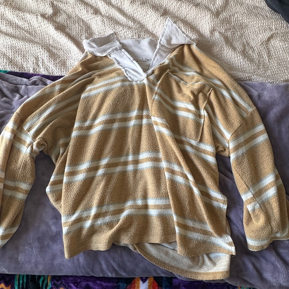 BUCKETLIST Beige and White Striped Crewneck Sweater